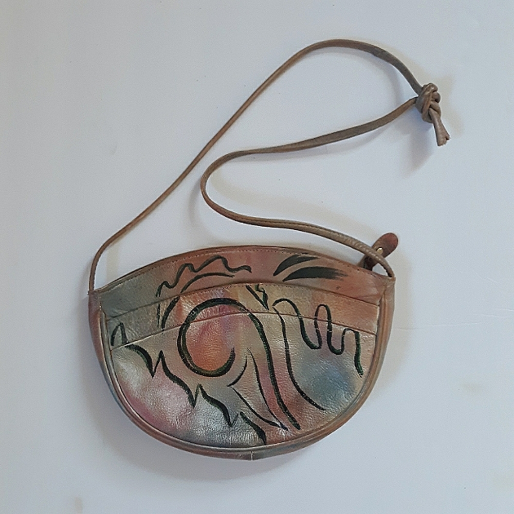 Botary handpainted unique abstract cave-art design Vintage  leather purse Artsy
